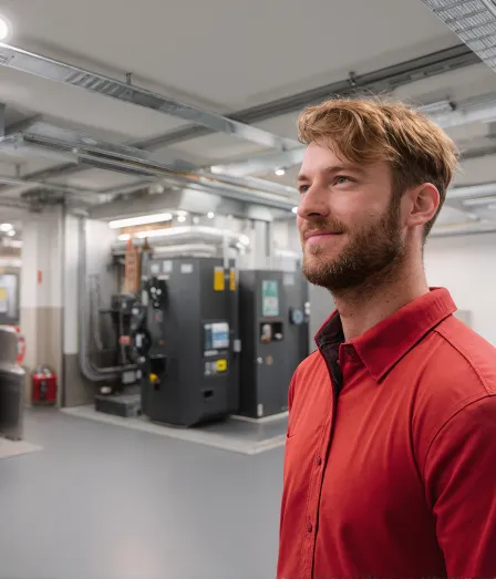 Mannelijke engineer met een rode blouse in een technische ruimte vanuit de opleiding Hogere installatietechniek voor werktuigkundige installaties (HIT-W) bij Habeo+.