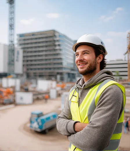 Man met veiligheidskleding op een bouwplaats voor de opleiding Maintenance management industrie bij Habeo+.