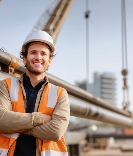 Mannelijke pipeline engineer met helm en veiligheidshesje in de opleiding Masterclass Pipeline Technology - Maatschappelijke inpassing (MPT) bij Habeo+.