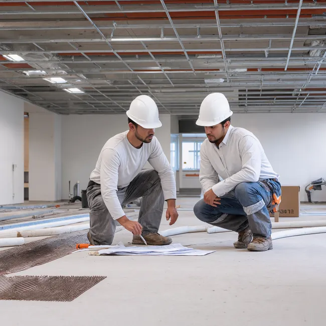 Overleg tussen twee mannen met helm op de bouwplaats tijdens de opleiding Projectleider bouw en infra bij Habeo+.