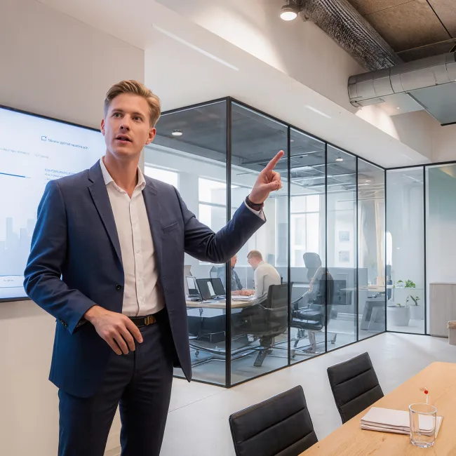 Man die presentatie geeft over financiële stand van zaken voor de opleiding Finance for non-financials bij Habeo+.