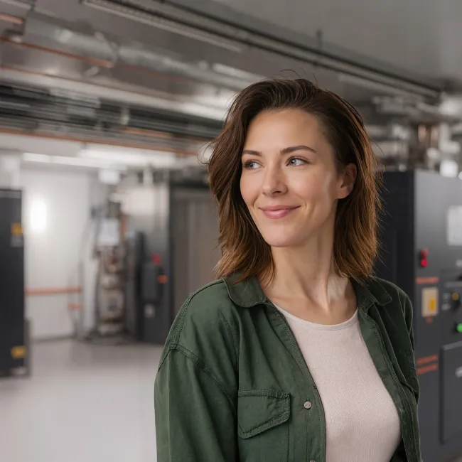 Vrouw in een technische ruimte voor de opleiding Maintenance management installatietechniek bij Habeo+.